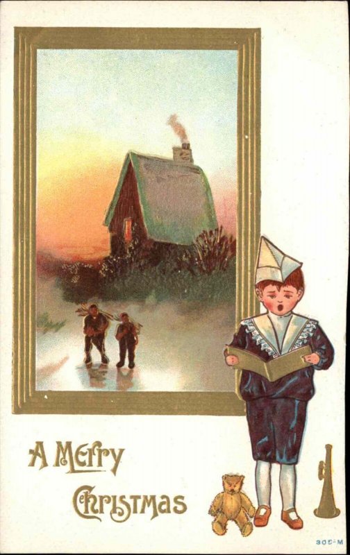 Christmas Little Boy Singing Caroling Christmas Carols Vintage Postcard