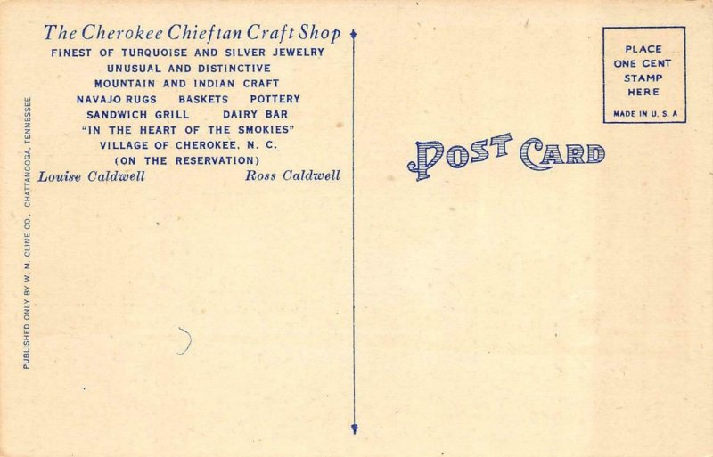 NC, North Carolina  CHEROKEE CHIEFTAN CRAFT SHOP Roadside c1940's Linen Postcard