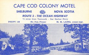 Shelburne Nova Scotia Cape Cod Colony Motel Advertising 3.5 x 5.35 Card