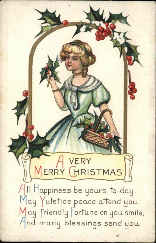 Christmas Pretty Young Blonde Girl Teen with Holly c1910 Vintage Postcard