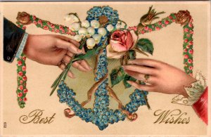 Best Wishes Postcard Man and Woman Hands Holding Flowers Anchor