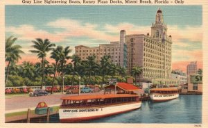 Vintage Postcard Gray Line Sightseeing Boats Roney Plaza Docks Miami Beach Fla.