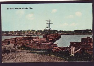 P1633 old unused postcard lumber wharf ship harbor calais maine, nice condition