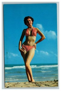 Vintage 1960's Postcard Beautiful Bikini Brunette Girl Poses at the Beach