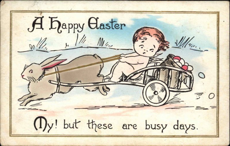 EASTER FANTASY Little Girl Nude Angel Rabbit Pulling Cart c1910 Postcard