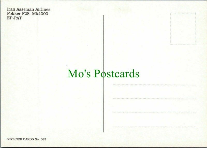 Aviation Postcard - Iran Asseman Airlines Fokker F28 Aeroplane RR11721