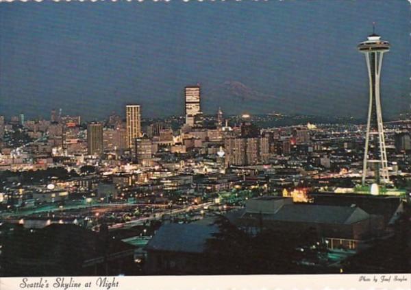 Washington Seattle Skyline At Night 1972
