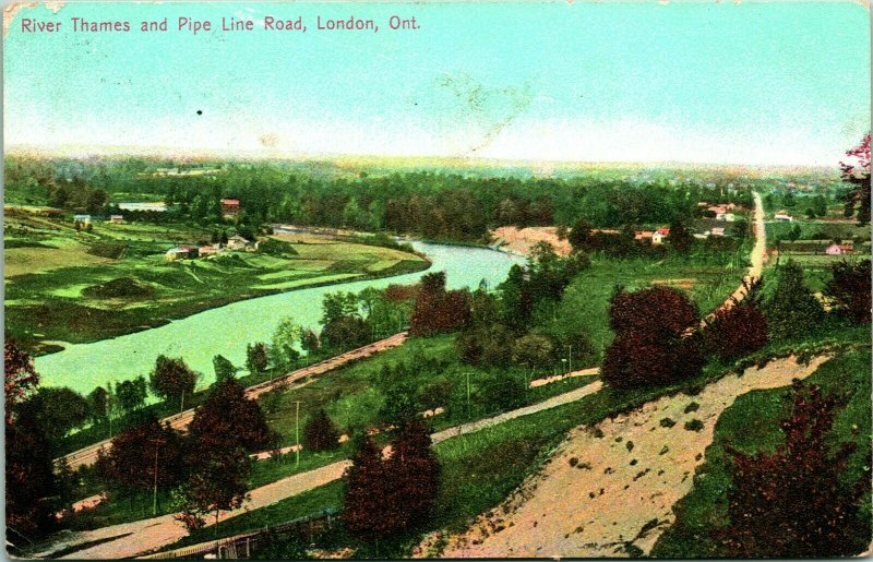 Vtg Postcard 1906 River Thames and Pipe Line Road London, Ontario Canada