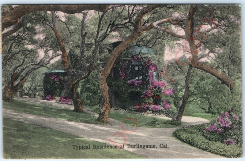 1908 Burlingame, CA Typical Residence House Hand Colored Litho Photo PC A137