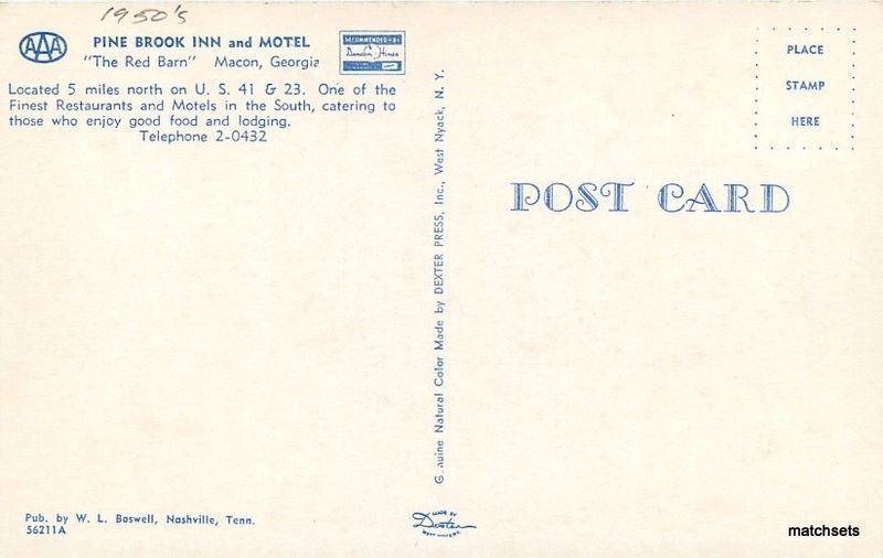 1950s Pine Brook Inn Motel roadside auto Macon Georgia Dexter postcard 162