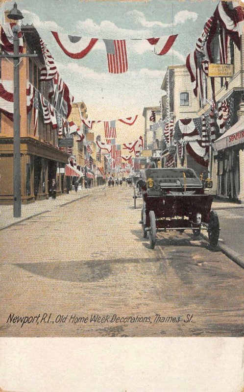 OLD HOME WEEK FLAGS THAMES STREET NEWPORT RHODE ISLAND POSTCARD (c. 1905)!!