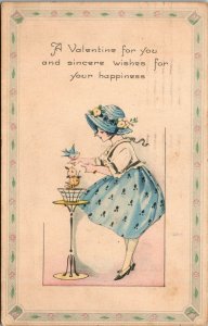 Vtg 1920s A Valentine for You Girl In Blue Dress Hat with Bird Holiday Postcard