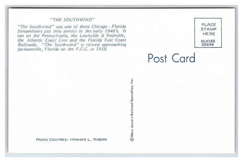 The Southwind Streamliner Jacksonville Florida Postcard Railroad Train