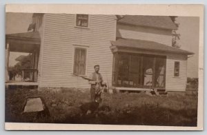 RPPC Hunter Ducks Rifle Gun Dog Woman On Porch Farmhouse Real Photo Postcard A49
