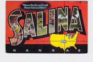 BIG LARGE LETTER VINTAGE POSTCARD GREETINGS FROM KANSAS SALINA