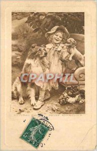 Postcard Old Child Dogs Dog puppies