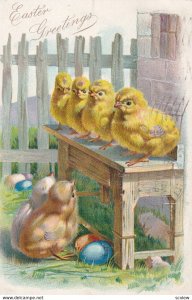 EASTER, PU-1907; Greetings, Chicks on  bench, Colored eggs; TUCK