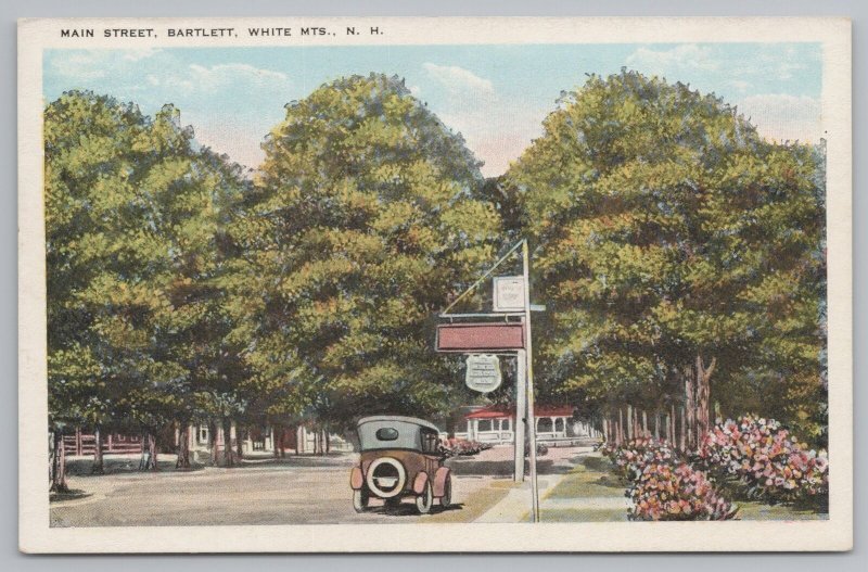 Bartlett, White Mountains NH~Main Street~1920s Vintage Auto Drives Past Signs 