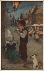 IMJ Folk Art Dutch Children Street Scene c1910 Vintage Postcard