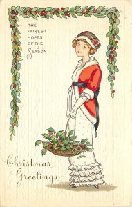 Embossed Christmas Postcard Signed M.E.P. Pretty Girl in Red & White 416C Posted