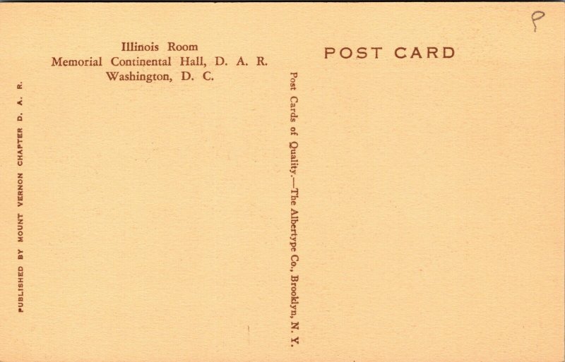 Vtg Illinois Room Memorial Continental Hall DAR Washington DC Linen Postcard