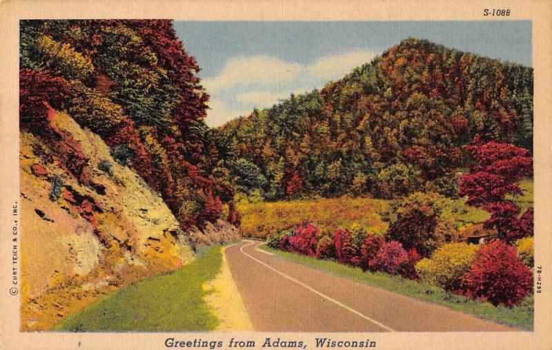 Adams Wisconsin Greetings From scenic road view linen antique pc Z44327