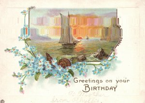 Vintage Postcard Greetings Wish On Your Birthday Blue Tiny Petals Boats & Ships