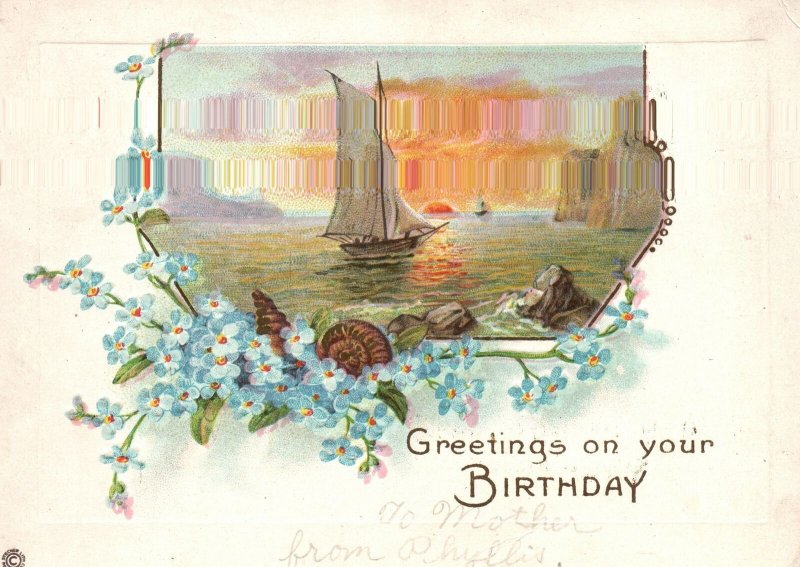 Vintage Postcard Greetings Wish On Your Birthday Blue Tiny Petals Boats & Ships