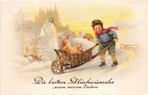 BG8725 pig in chart boy child snowman   neujahr new year greetings germany