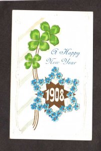 A Happy New Year TFour Leaf Clover 1908 Blue Flowers Vintage Postcard Embossed