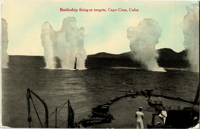 Battleship Firing at Targets, Cape Cruz Cuba Vintage Postcard D72 