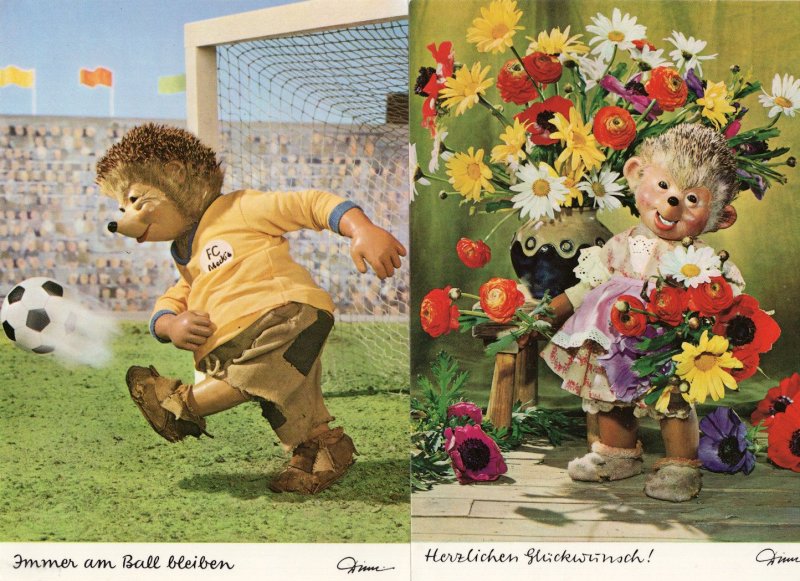 Mecki Football Soccer Player Flower Lady 2x German Postcard s