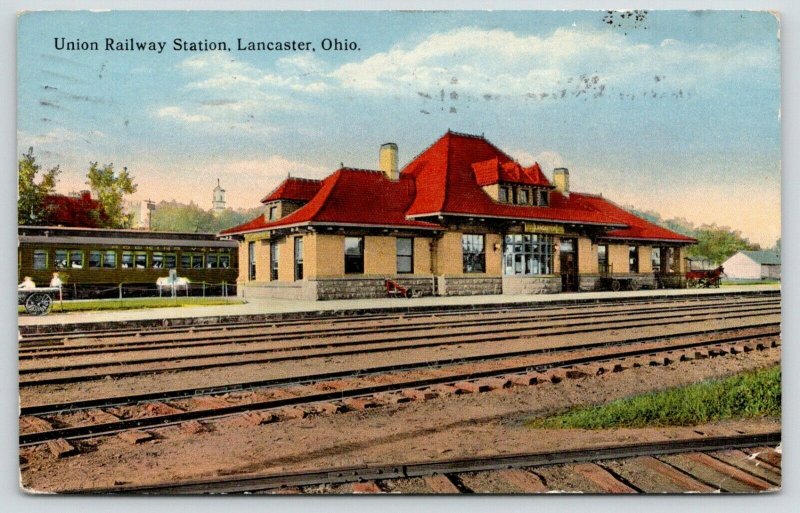 Lancaster Ohio~Long Passenger Train Car @ Union Railway Station~c1914 Postcard