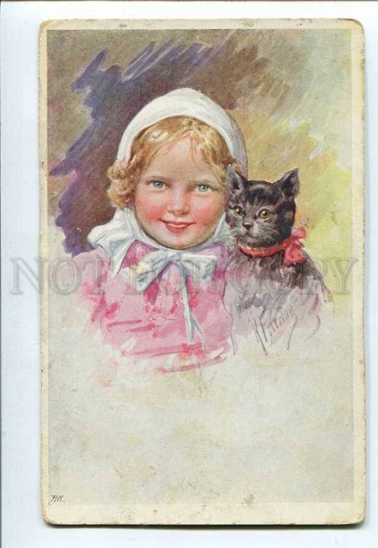 3077279 Portrait of Lovely Girl & KITTEN by FEIERTAG vintage PC