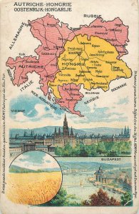 Hungary - Austria map Budapest panorama litho postcard Advert. Rice Amidon Remy