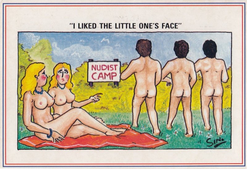 Nudist Camp Comic Queue Of Small **** Men Postcard