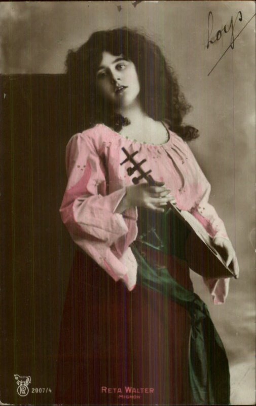 Actress? Reta Walter w/ Mandolin Guitar c1910 Tinted Real Photo Postcard