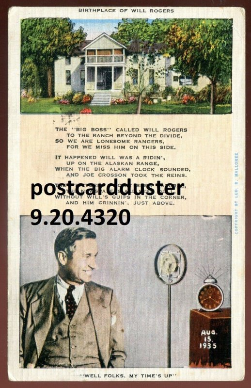 h3339 - OOLOGAH Oklahoma Postcard 1943 Actor Will Rogers Birthplace