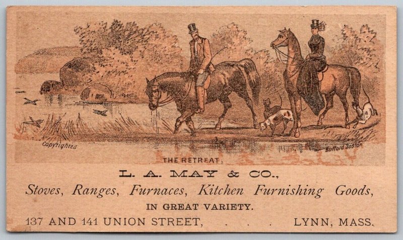 L.A. May Lynn Massachusetts Victorian Trade Card Stoves Ranges Fox Hunting
