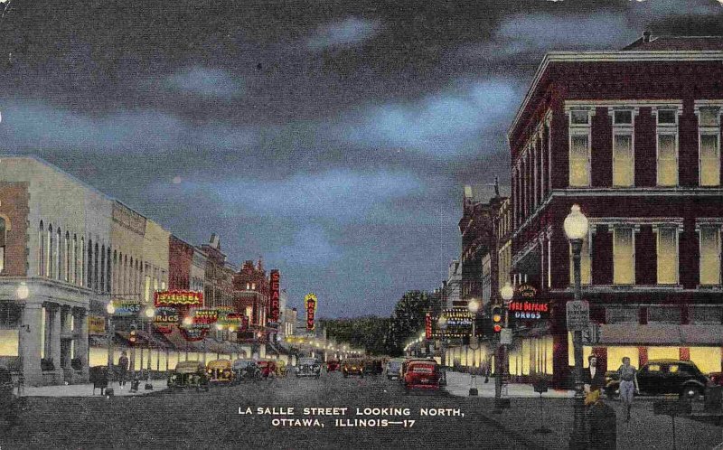 La Salle Street Night Drug Store Ottawa Illinois 1940s linen postcard