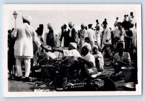 Karachi Sindh Pakistan Postcard Zermatt Old Market Vendors c1940's RPPC Photo