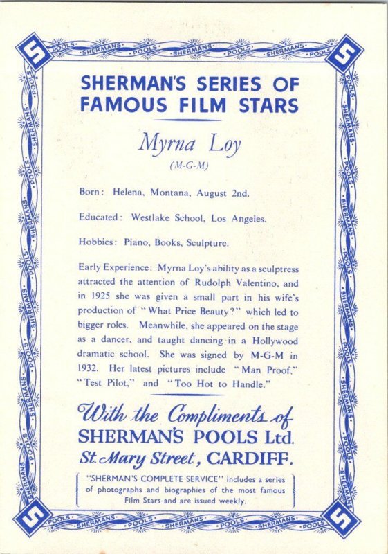 Myrna Loy Advertising Complients Of Sherman's Pools Cardiff