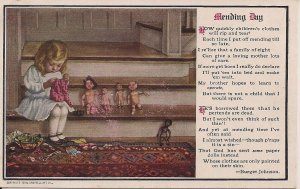 Dolls Being Mended, Little Girl Sewing ca. 1910, Poem, White & Black Dolls, Toys