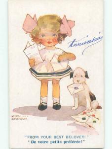 Pre-Linen foreign signed DOG HOLDS ENVELOPE BY CUTE FRENCH GIRL WITH BOWS k6740