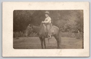 RPPC Darling Boy Hat And Overalls On Horse Lanely Family Real Photo Postcard Q21