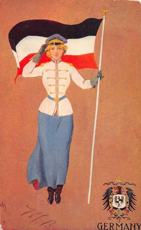 Germany pretty young lady saluting holding country flag antique pc Z21034 