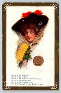1910  Here's to the Prettiest  Large Hat Pretty Woman   Postcard
