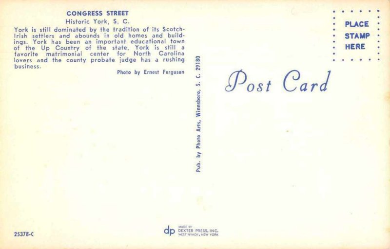 York South Carolina Congress Street Historic District Vintage Postcard JE359340