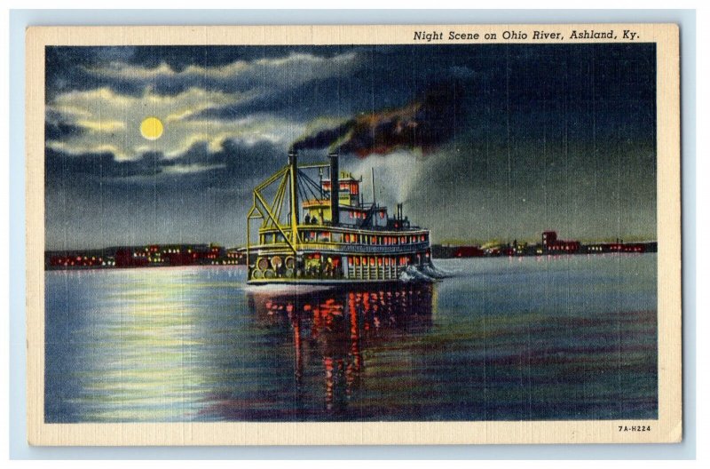 c1930s Night Scene on Ohio River Ashland Kentucky KY Vintage Postcard