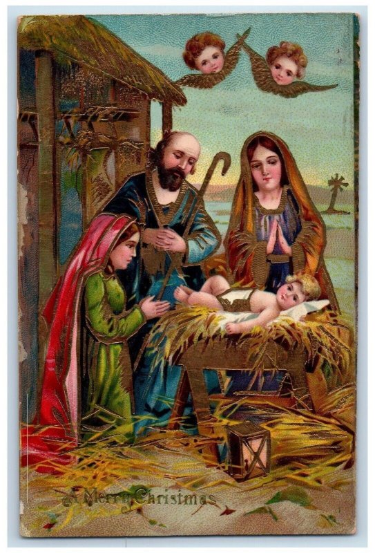 1909 Christmas Religious Gel Gold Gilt Manger Nativity Embossed Antique Postcard